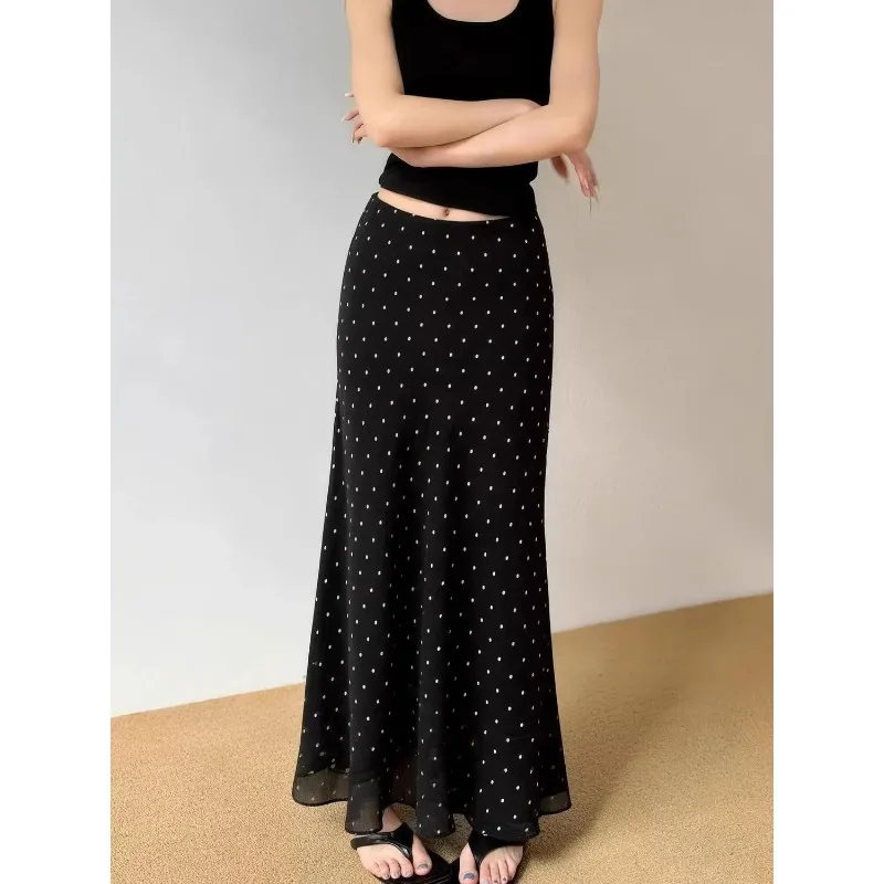 Women French Polka Dot Mesh Mermaid Skirt High Waist Elegant Slim Fit Maxi Skirt For Petite