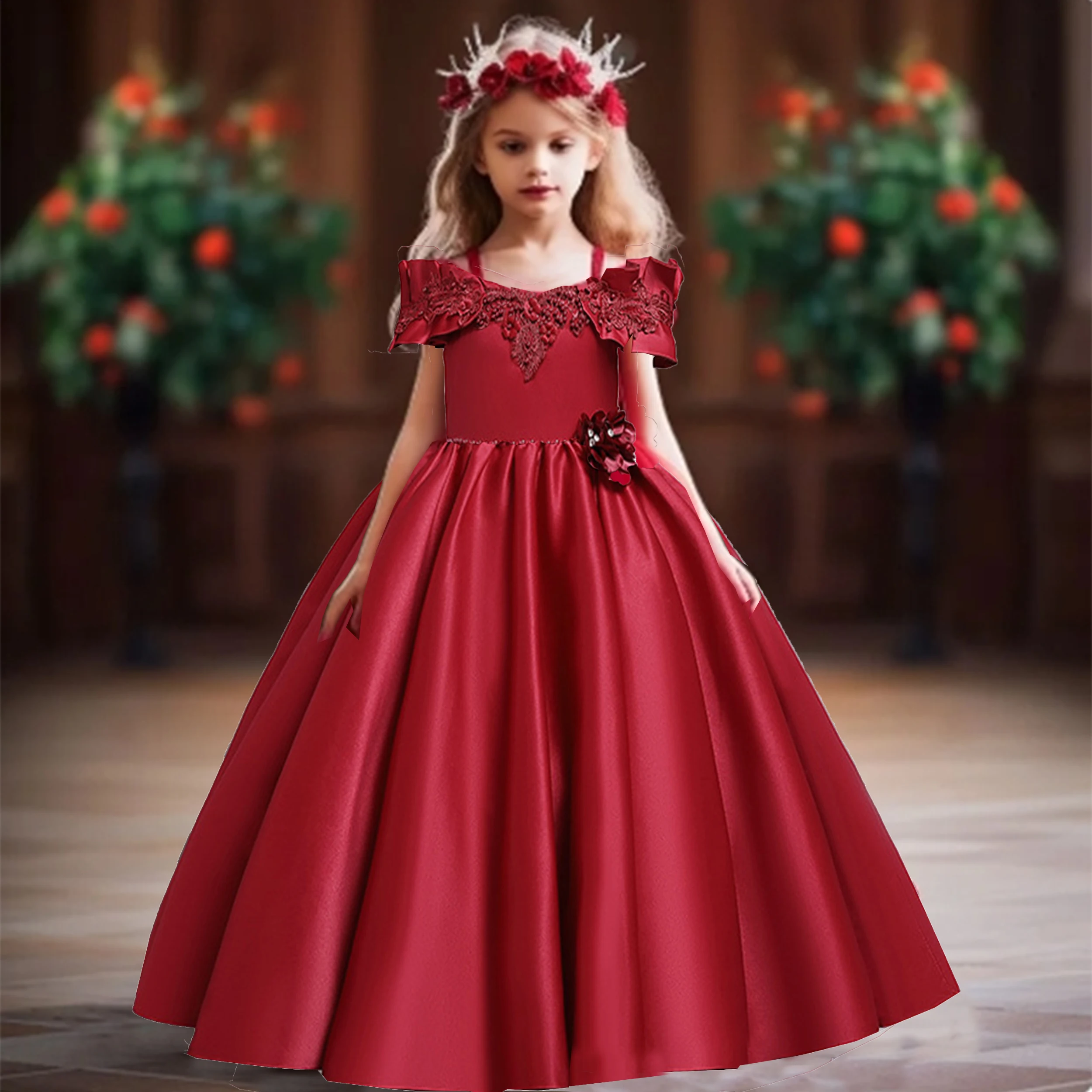 

Itibanfuku Little Girls Flower Girl Birthday Party Formal Dress Off Shoulder 3D Flower Pageant Prom Dress