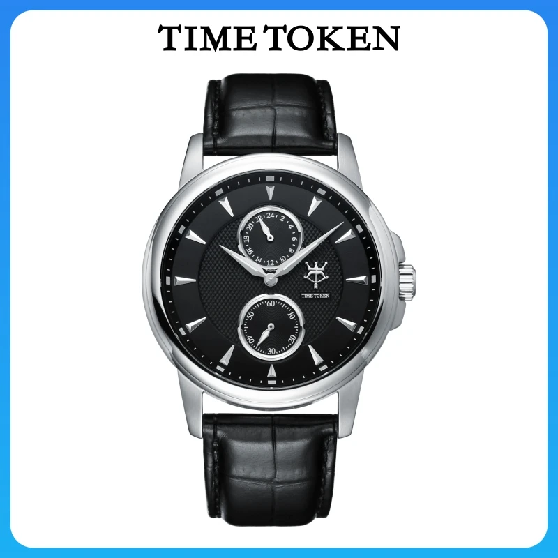 Time token relógio de luxo masculino clássico elegante movimento quartzo vidro safira caixa aço inoxidável elegância couro stra