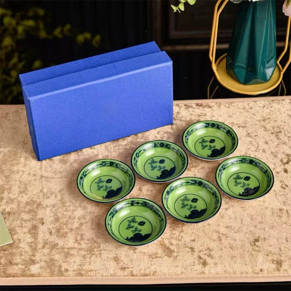 Oriental Series Ceramic Saucer Set 6pcs, Small Green Floral Dishes For Tea Bowls, Jewelry Plate Snack Tray With Gift Box