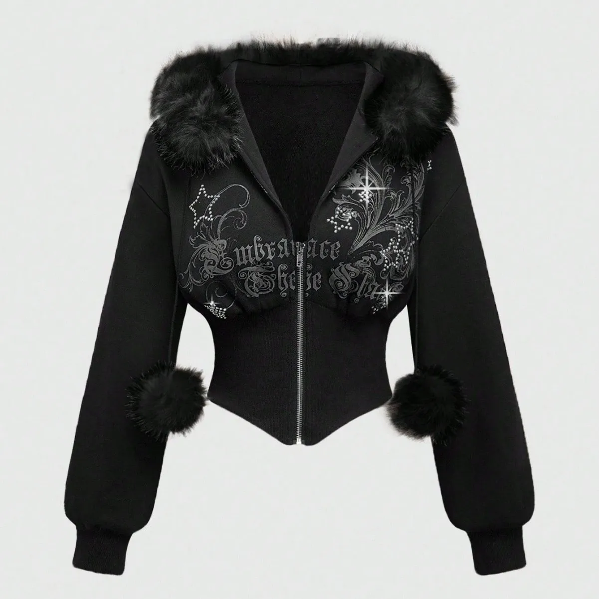 2025 Amerikaanse punk Grunge Esthetische Retro Bontkraag patchwork vest sweatshirt casual ritssluiting taille afslankende korte jas top