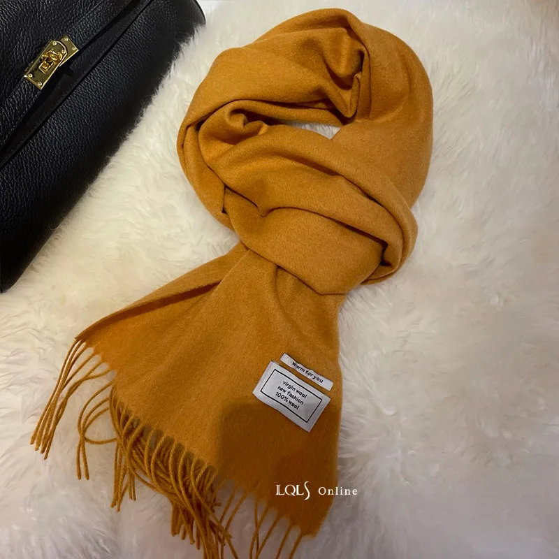 2024, зимний классический шарф с кисточками из чистой шерсти для женщин, теплая однотонная утепленная шаль, шейный платок, шарфы, аксессуары Bufanda
