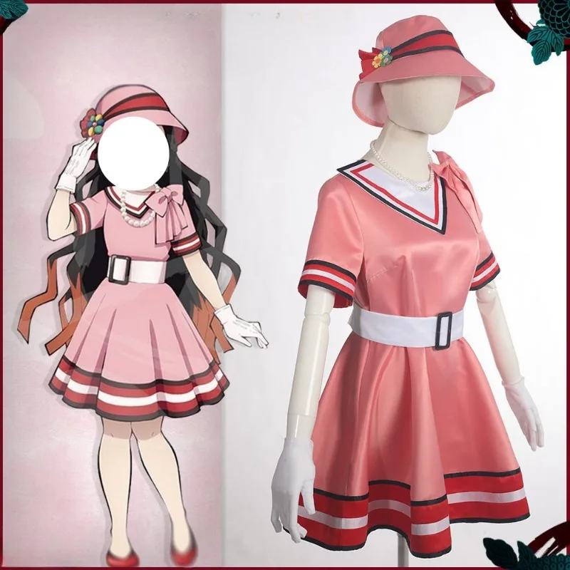 

Anime Kamado Nezuko Cosplay Costume Pink Dress Daily Banquet Dresses Hat Full Set Wig for Women Girls Halloween Carnival Party