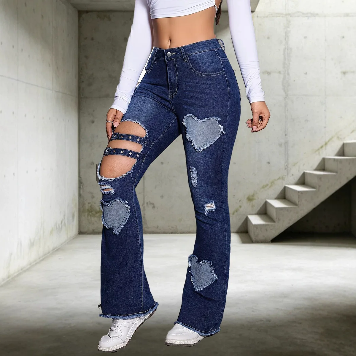 Bootcut Jeans Women Denim Pant Distressed Vintage Washed Slim Fit Mid Waist Hollow Out Hole Trousers Y2k Streetwear Patchwork