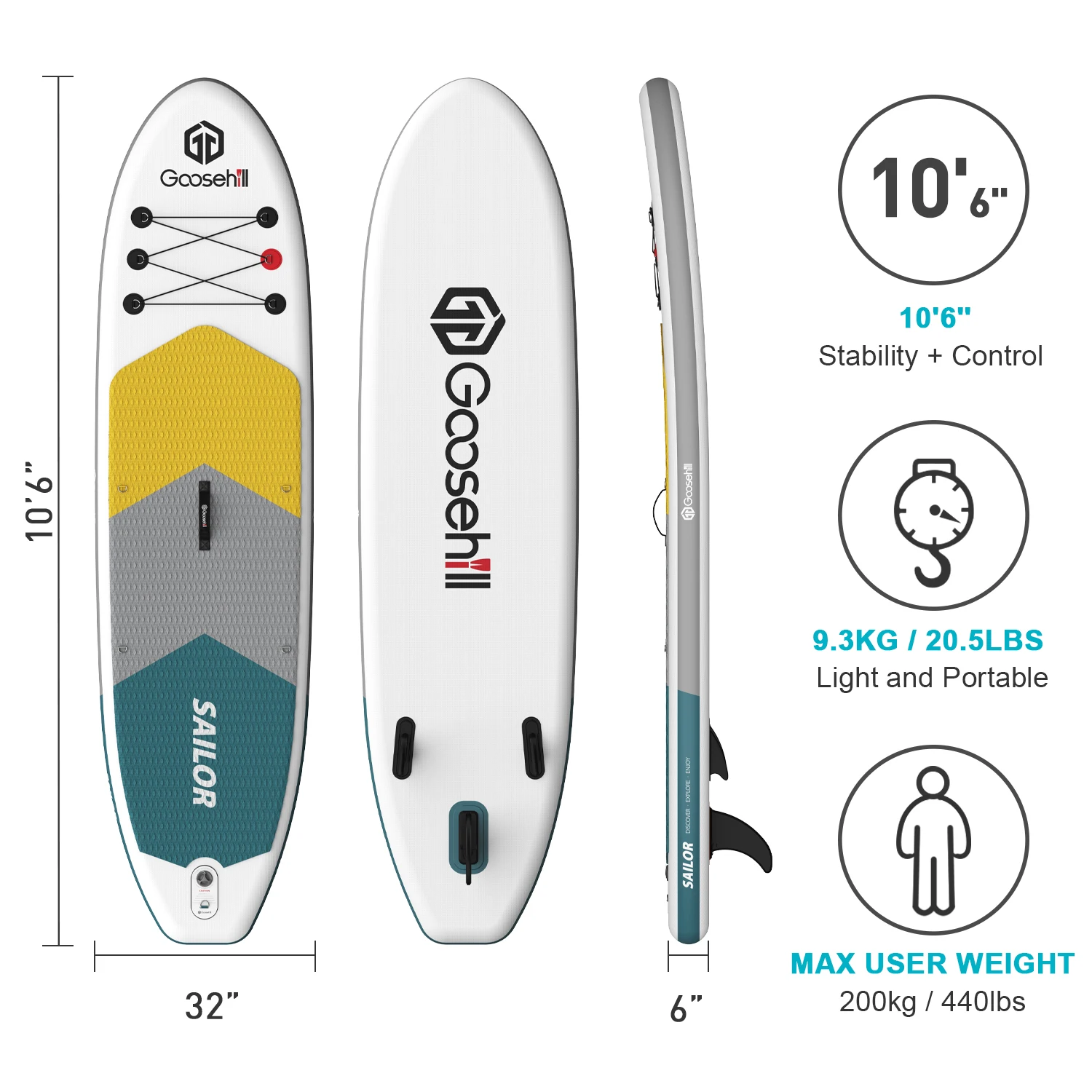 Goosehill-tabla de surf inflable de pie, paquete Premium SUP, 10 '6 "x 32" x 6 ", ligera + gris + Greygreen