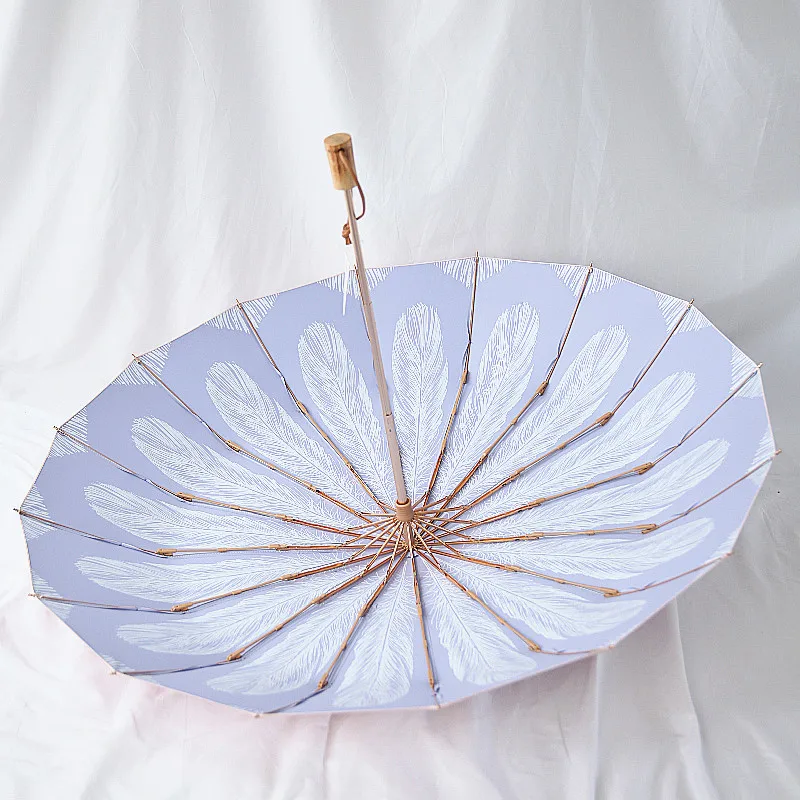 Sunscreen umbrella retro wind wooden handle Nordic style feather double-sided colored glue