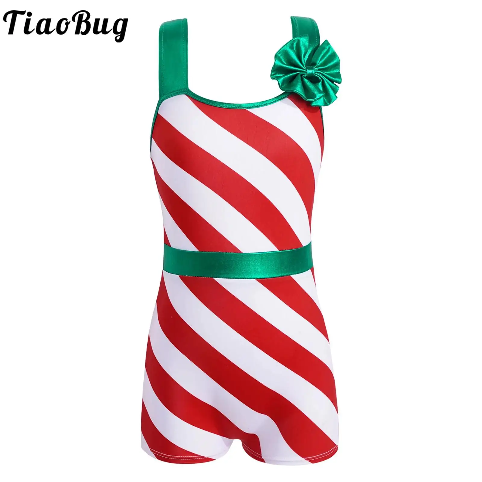 Kids Girls Christmas Bodysuit Jumpsuit Candy Cane Ballet Dance Shorty Unitards Xmas Holiday Santa Sweetie Dance Costume