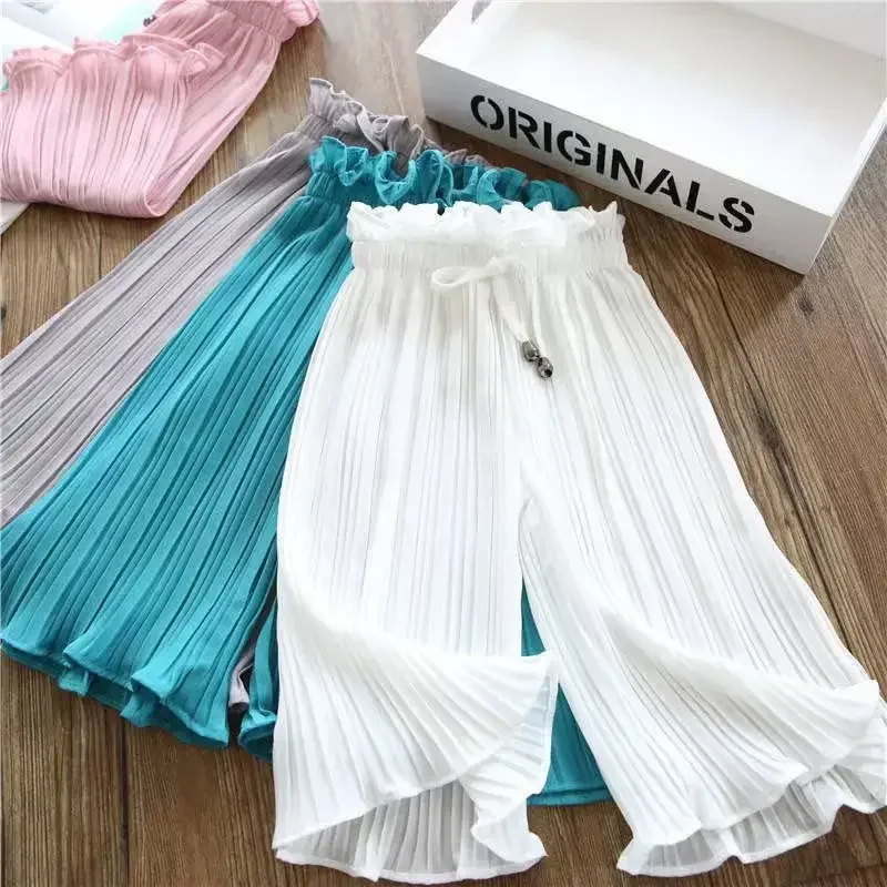 Baby Fashion Lace Chiffon Waist Flare Trousers Childen\'s Girls Summer Ice Silk Wide Leg Pants  Kids Girl Loose Cropped Trousers