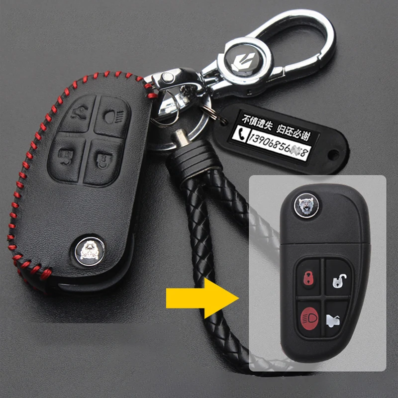 Leather for Jaguar X-TYPE XJ XJ8 XJR S-TYPE Flip Folding 4 Button Car Key Case Remote Key Cover Fob Holder Keychain Accessories