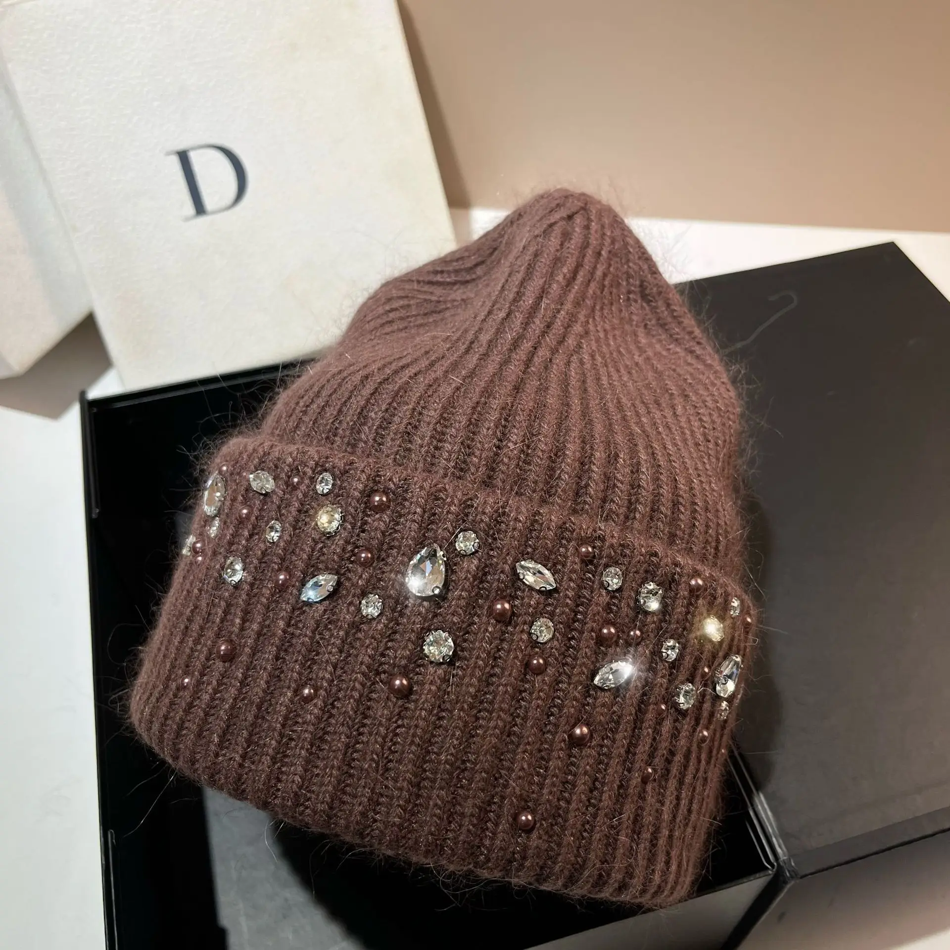 French-style Pearl Rhinestone Knitted Hat Winter Nordic Rabbit Fur Earflap Hat for Women Outdoor Cold-proof Warm Woolly Hat