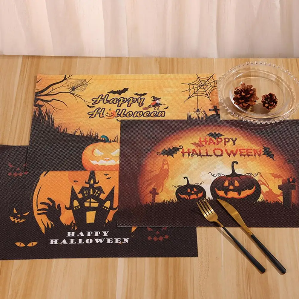 Halloween Pumpkin Placemat Rectangle Heat-Resistant Bowl Coffee Cup Pads Waterproof PVC Dining Table Decoration Mat Party Supply