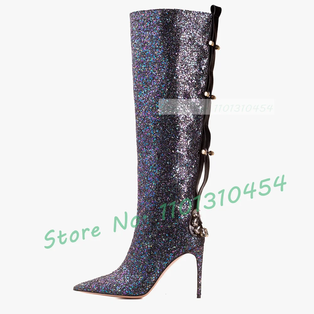 Glitter Leather Knee High Boots With Metal Nail Women Glam Stones Sequined High Heels Boots Girl's Outfit Sparkly Crystal Shoes