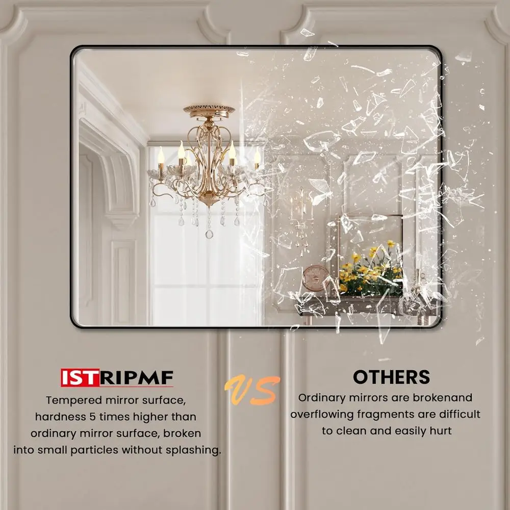 Afgeronde rechthoekige make-upspiegel met zwart metalen frame, 40x38, gehard glas, boerderijstijl, roestbestendig, hangt horizontaal of