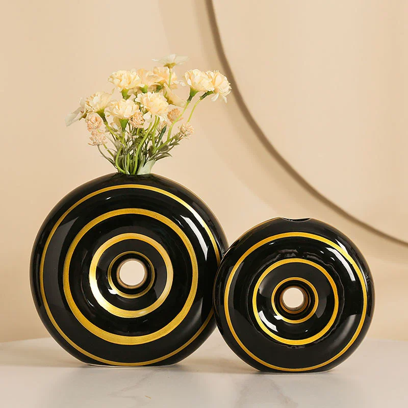 Creative Doughnut Stripe Shape Ceramic Flower Vase Nordic Minimalist Black White Art Hydroponics Ceramic Flower Planter Ornament