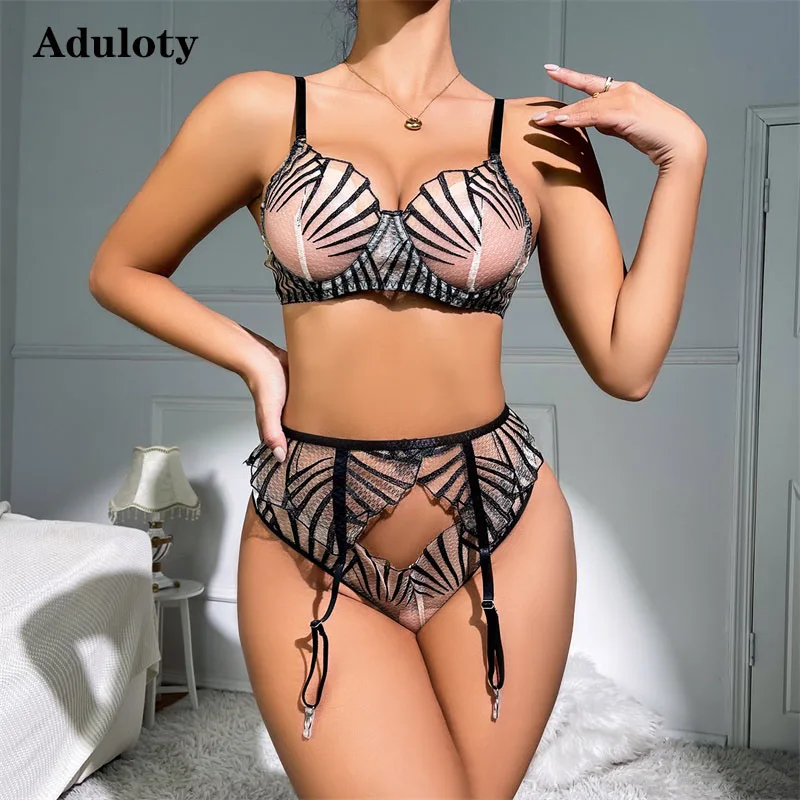 

Aduloty Women's Sexy Lingerie Mesh Lace Thin Summer Perspective Erotic Underwear Delicate Embroidery Bra Garter Thong Set