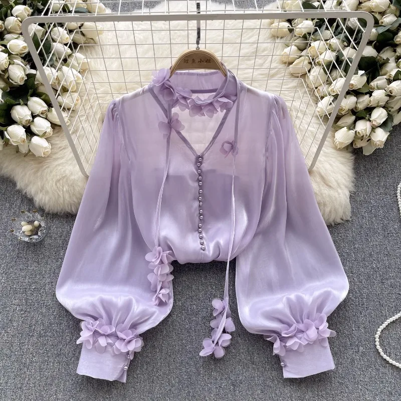 Women Autumn Thin Long Sleeve Women Long Sleeve Fairycore Blusas Mujer Elegant Sweet Flower Mesh Shirts
