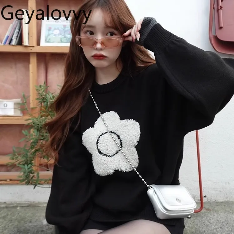 

Модный женский пуловер с круглым вырезом и 3D цветком, свитера, топ, осень-зима, свободный вязаный свитер, женская вязаная рубашка в японском стиле