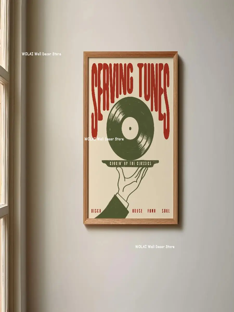 Serving Tunes  Vinyl Vino Record Canvas Print  MidCentury Wine Music Wall Art Poster for Kitchen Home Decor Music Lovers Gift