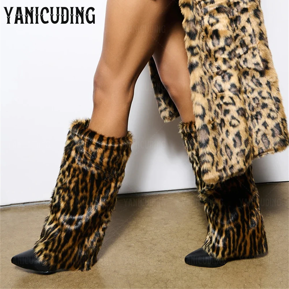 

Plush Faux Fur Knee Boots Black Brown Leopard Warm Boots Pointed Toe Wedge Pull-On Fit Winter Boots Fold-Over Shaft Women Boots