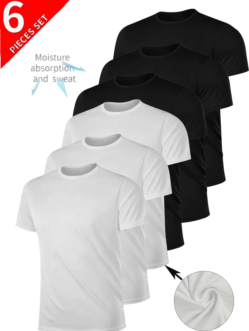

Men's Round Neck 6-piece Solid Black and White T Shirt Comfortable Layering Soft Breathable Sports Moisture Wicking Quick Dry Bl