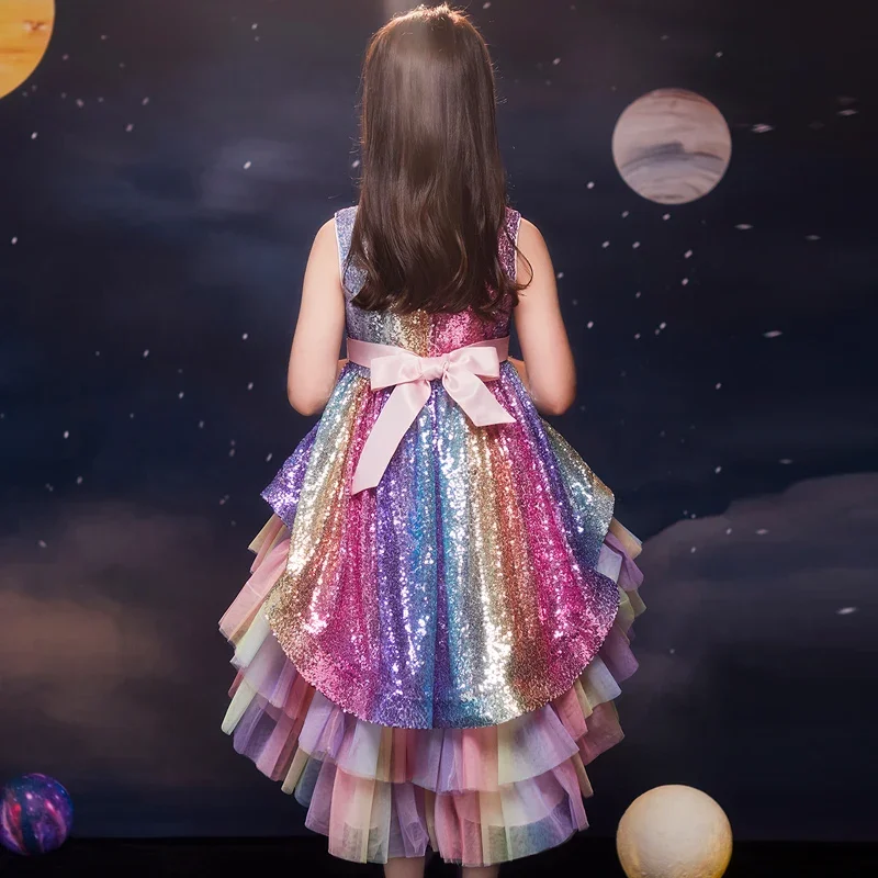 Girls' tuxedo sequined fluffy skirt colorful sleeveless princess skirt gorgeous elegant show host program applicable