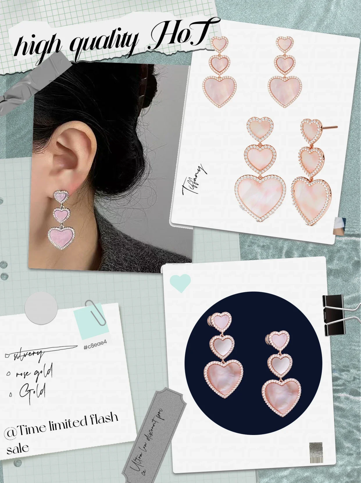 

Pure Silver S925 Earrings, Rose Gold Inlaid with Zircon Heart-shaped Pink Mother of Pearl Tassel, Luxurious and Noble Ladies' OL
