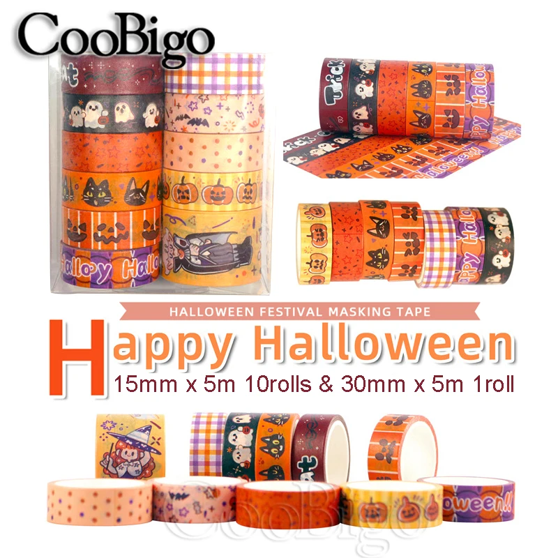 

Halloween Washi Tape Set Cute Orange Cat Pumpkin Ghost Star Witch Journal Scrapbooking Gift Packaging DIY Craft 11Rolls