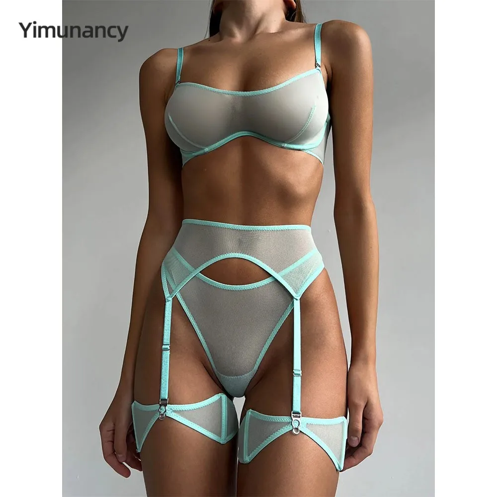 Yimunancy Mesh Lingerie Set Women Solid Transparent Bra + Panty Underwear Set Erotic Sexy Intimates