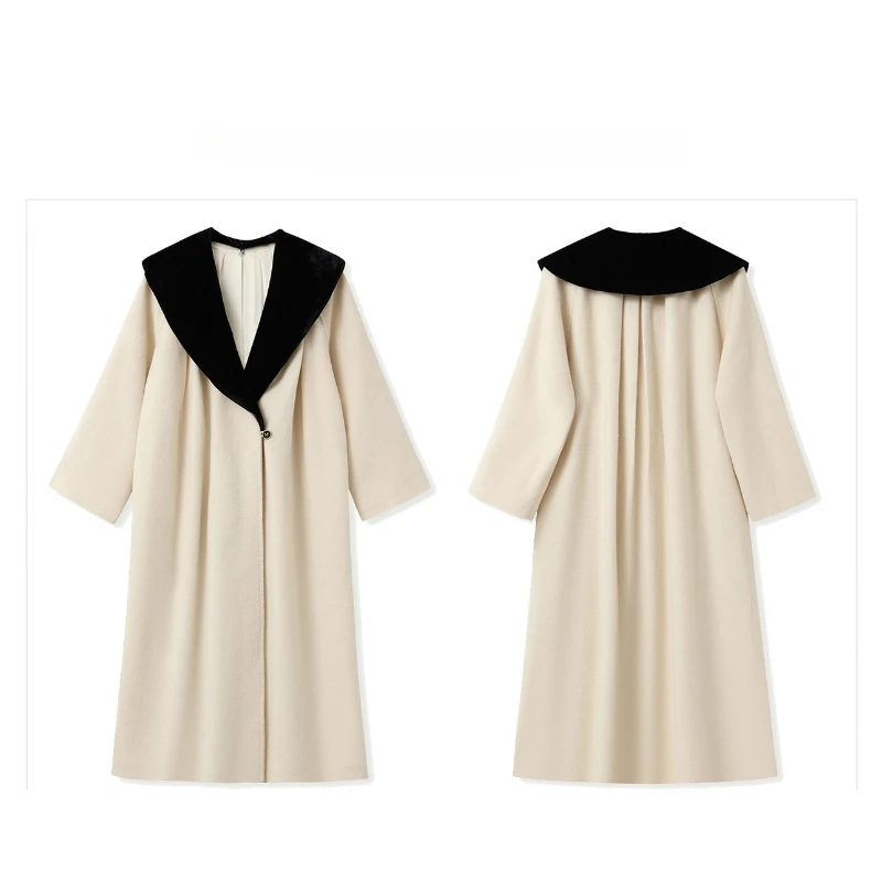 Korean contrasting color velvet collar long wool coat autumn and winter versatile temperament woolen coat for women