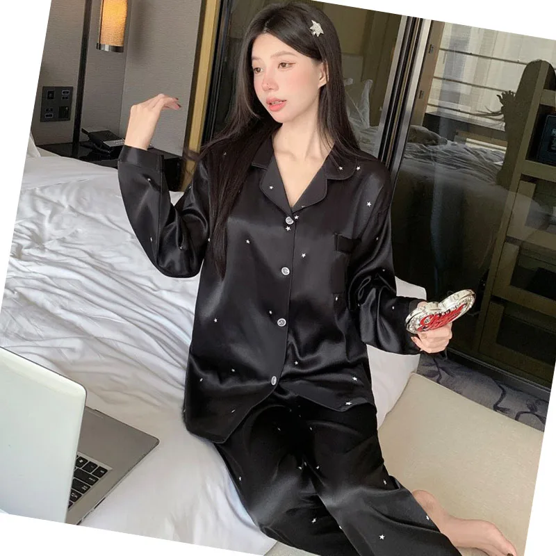 Japanese-Style Cute Girl Star Print Ice Silk Nightwear Women's Spring and Autumn Long-Sleeved Long Pants Homewear Actual Photo image 5