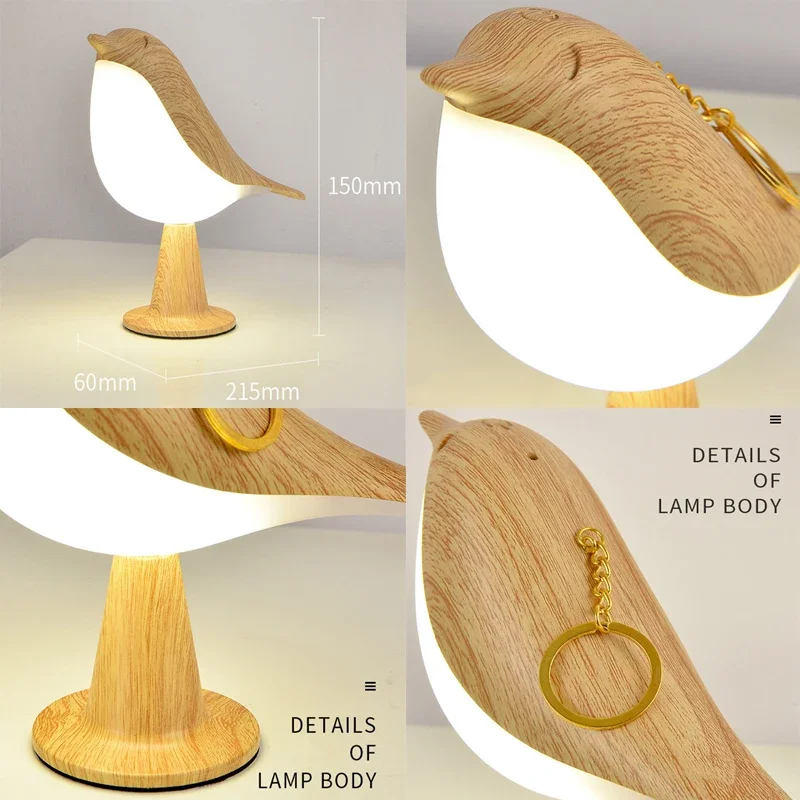 3 Colors Bedside Lamp LED Touch Switch Wooden Bird Night Lights Rechargeable Bedroom Table Reading Lamp Decor Home