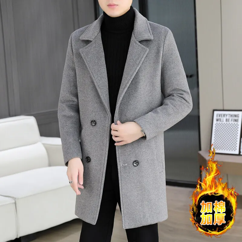 Classic Solid Color Woolen Jackets Men Winter Thick Warm Medium Length Trench Coat Casual Business Overcoat Social Streetwear