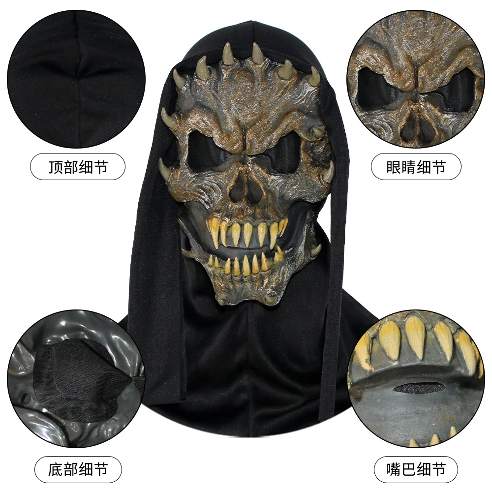 Halloween Gruselmaske mit Gruselhörnern, Totenkopf-Vollmaske, Cosplay-Kostüm, Horror-Latexmaske – Detail 3