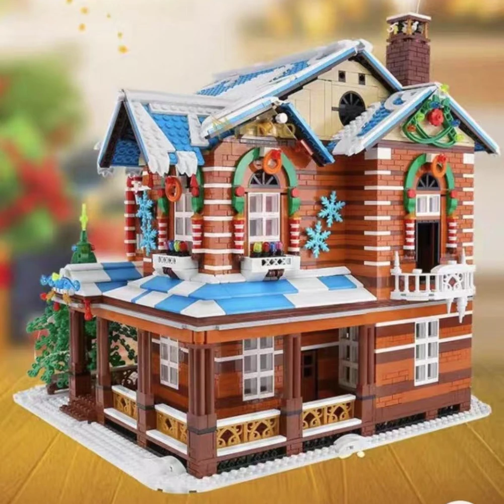 MOC – ensemble de blocs de construction de maison de forêt en bois, père noël, neige, arbre de Villa sur glace d'hiver avec jouets légers, cadeaux pour enfants