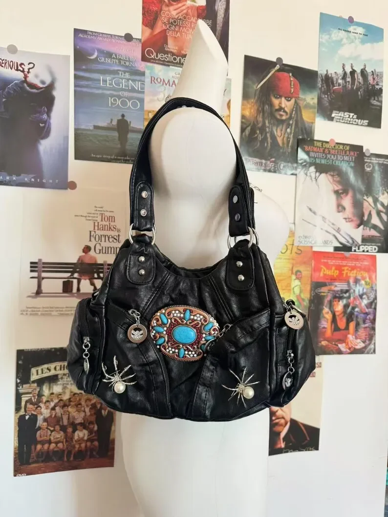 Women Metal Patch Emo Design Girl Soft PU Leather Tote Bag Crossbody Bag Y2K Shoulder Bag