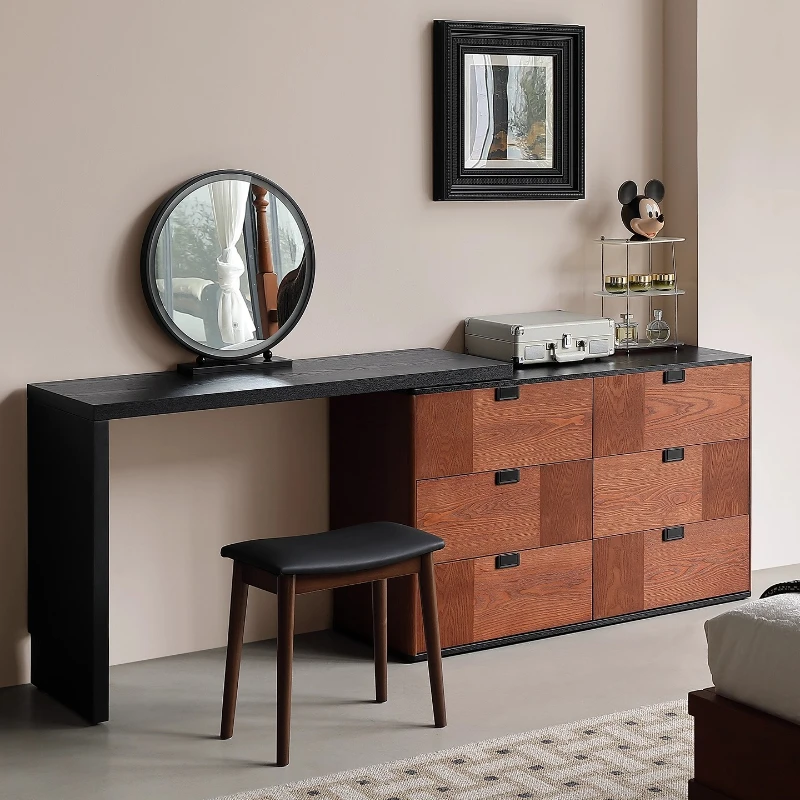 #￥Retro Corner Dressing Table Bedroom Furniture Dresser Medieval Style Scalable Rotatable Vanity Table withMirror Makeup Cabinet