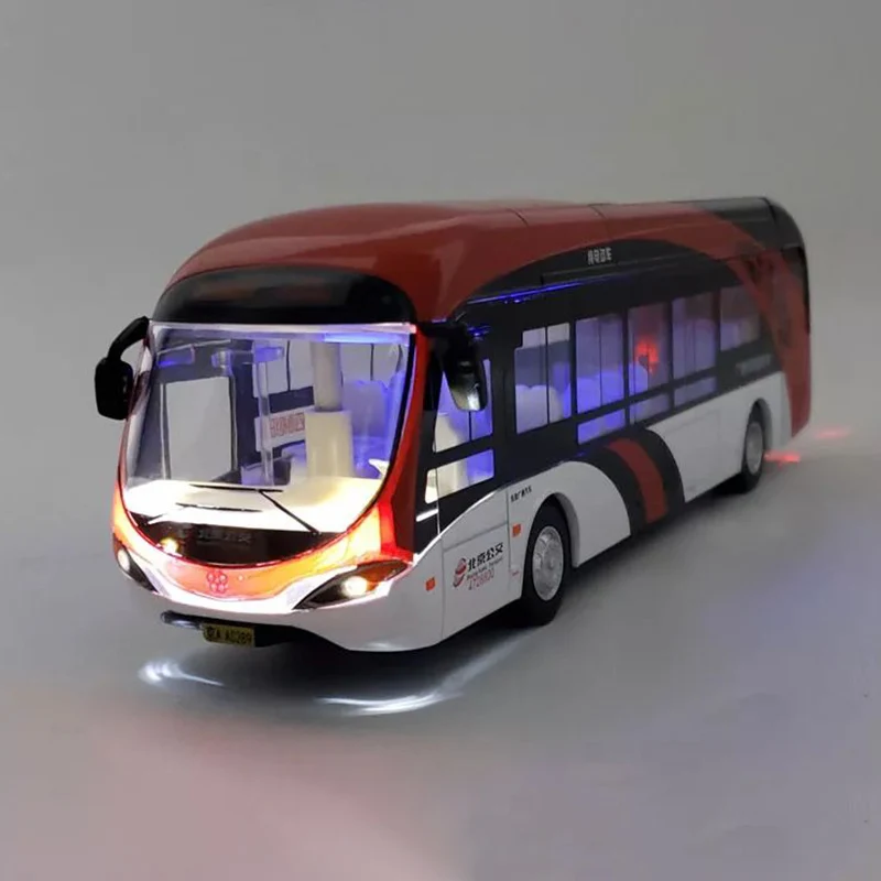 Simulação Modelo de carro de liga para crianças, ônibus elétrico, turismo turístico, som e luz, puxar para trás, presente, 1:32