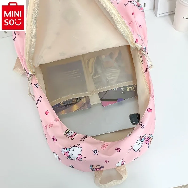 MINISO-Mochila leve de nylon Hello Kitty, bolsa de armazenamento para estudantes, grande capacidade, doce e fresca, multifuncional, novo, 2024