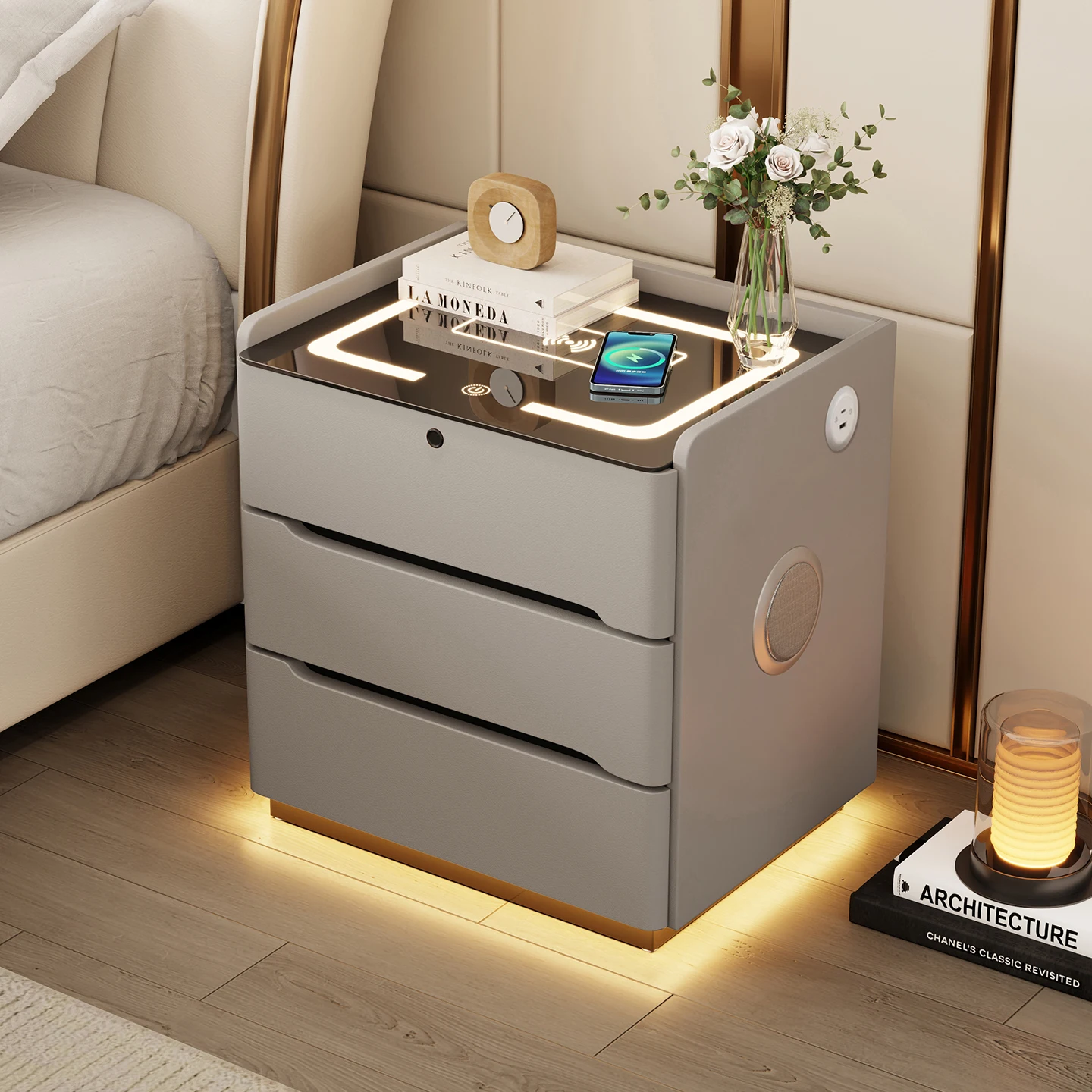 طاولة سرير عائمة مع ضوء حثي، منضدة ذكية حديثة قابلة للقفل، تصميم بسيط، طاولة بجانب السرير بثلاثة أدراج قابلة للشحن #4