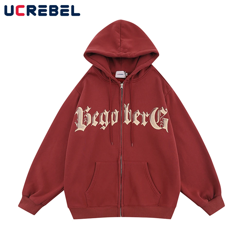 Letter Double-sided Printed Hooded Sweatshirts Mens Autumn Winter Loose Long Sleeve Streetwear Casual Fleece Zipper Outerwear