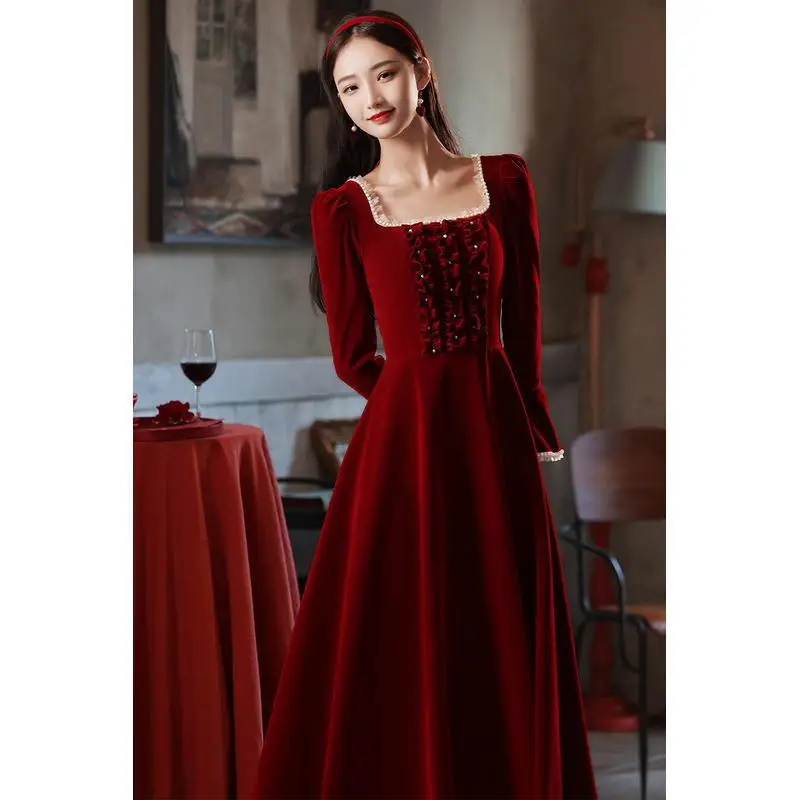 Women Medieval Palace Court Princess French Retro Vintage Square Collar Waist Lady Wine Red Golden Velvet Autumn Female Dress