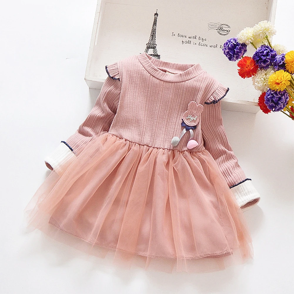 Girls' Dress 2023 Autumn New Long Sleeve Texture Sense Rabbit Decorative Mesh Stitching Girls' Foreign Dress