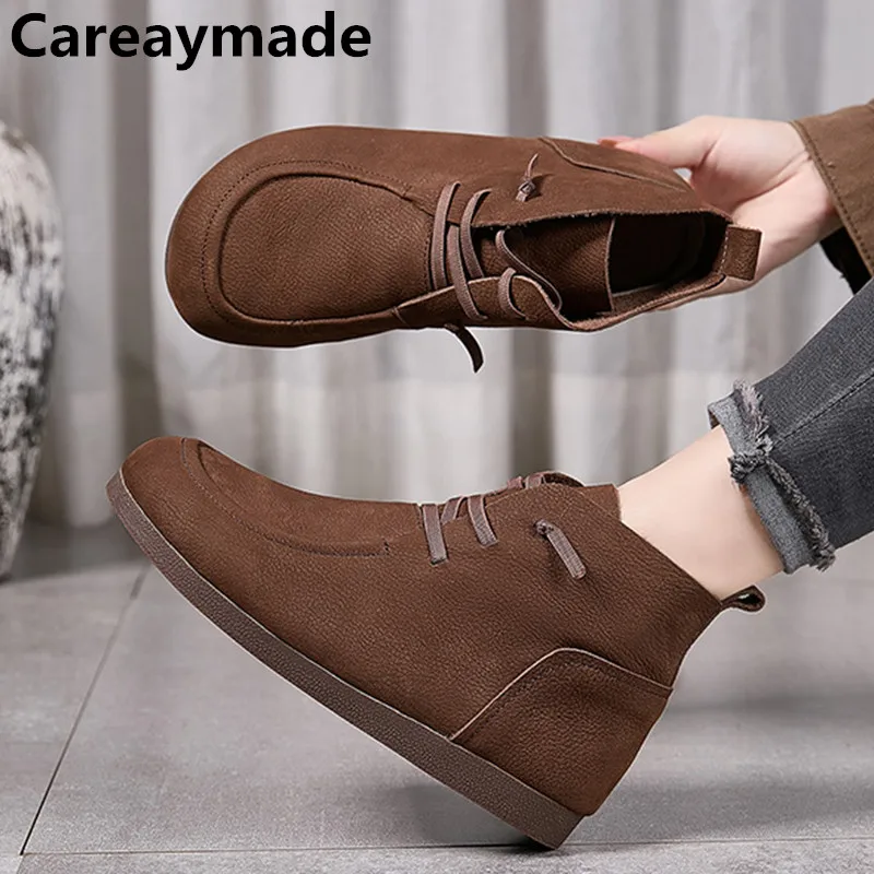 

Careaymade-Handmade 100% Genuine leather wider toe short boots,Women's Vintage Short Soft Sole comfortable leisure Fltas Boots