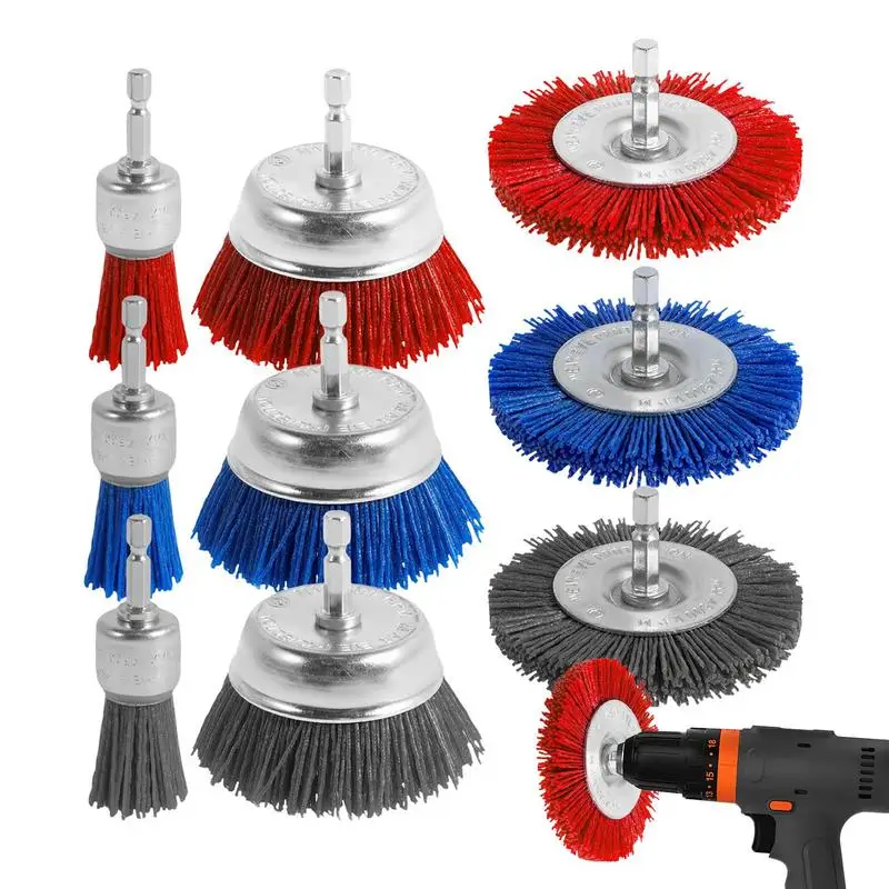 

Wire Wheel Cup Brush Set Nylon Wire Bristle Drill Wheel Cup Brush Versatile Abrasive Brushes 1/4 Inch Hex Shank 9-Piece Set For