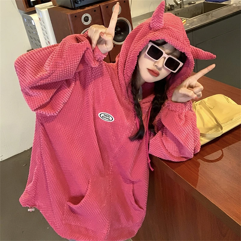 New 2024 Drawstring Hoodie Zipper Loose Horn Ear Sweater Academy Style Pink Black Green Women's Digital Print Top