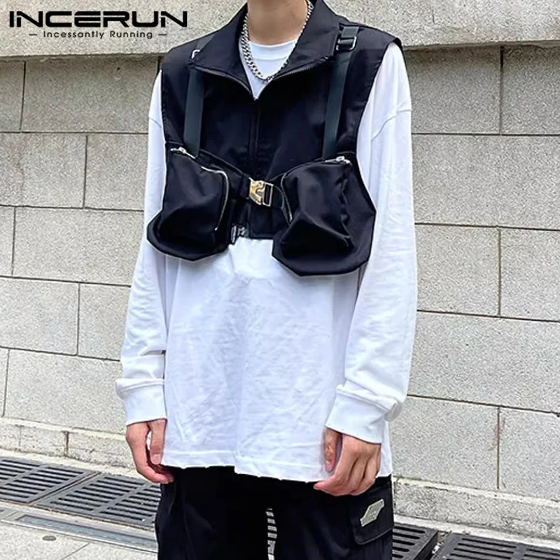 

INCERUN Men Vests Solid Color Lapel Sleeveless Pockets Casual Male Waistcoats Streetwear Zipper 2024 Fashion Crop Vests S-5XL