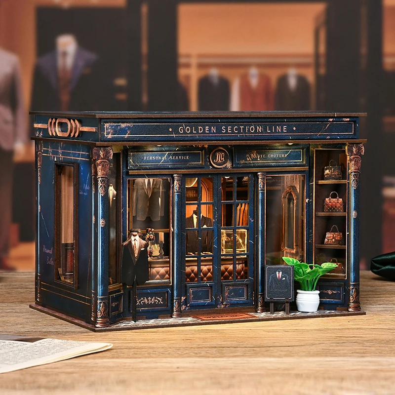 Kit de Montagem DIY para Estante de Livros em Miniatura com Tema de Loja de Roupas em Madeira, Modelo em Miniatura com Linha da Seção Dourada, Suporte para Livros, para Presentes de Aniversário de Amigos