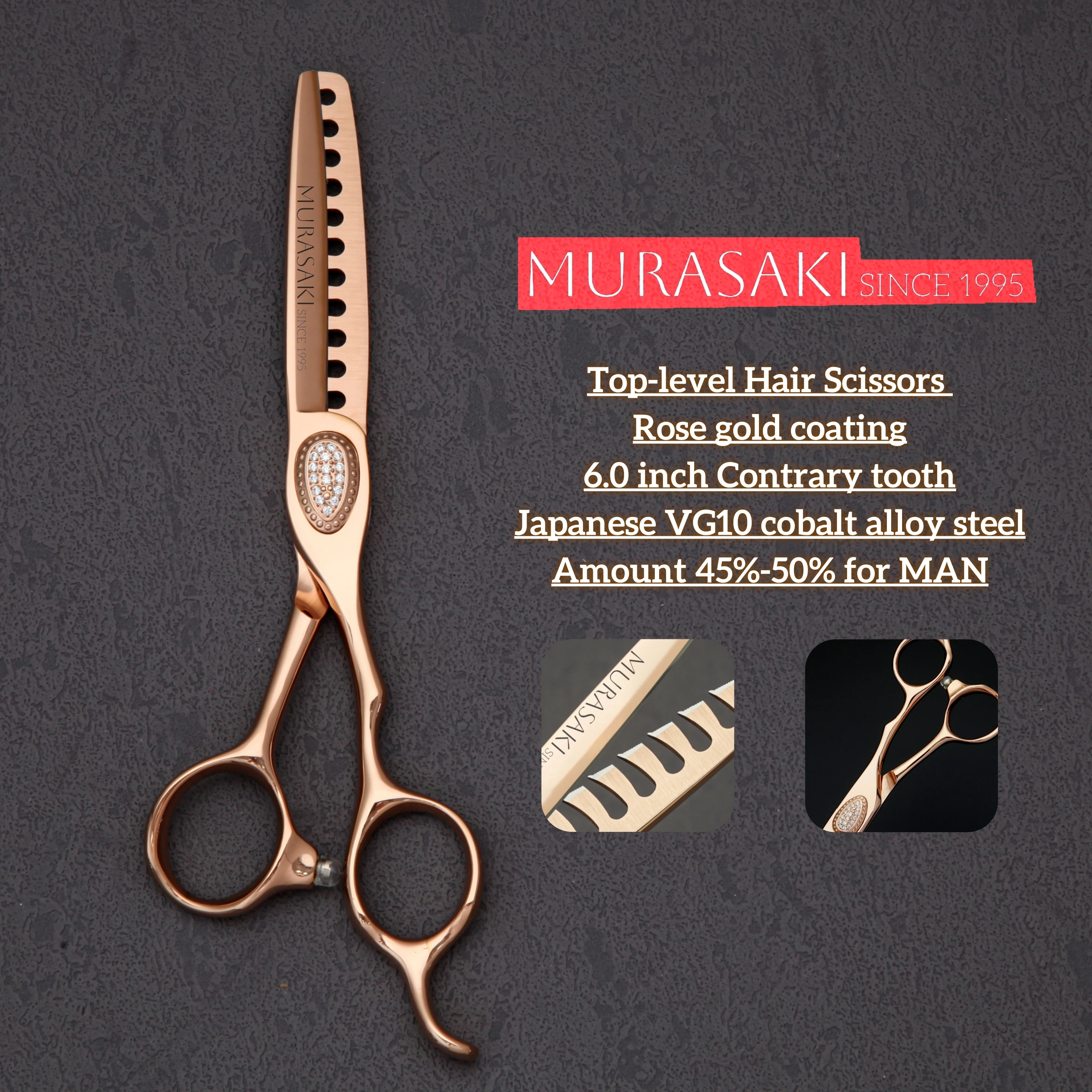 

MURASAKI Professional hairdressing scissors，6 inch Rose gold hair thinning shears，High quality VG10 cobalt steel barber tools
