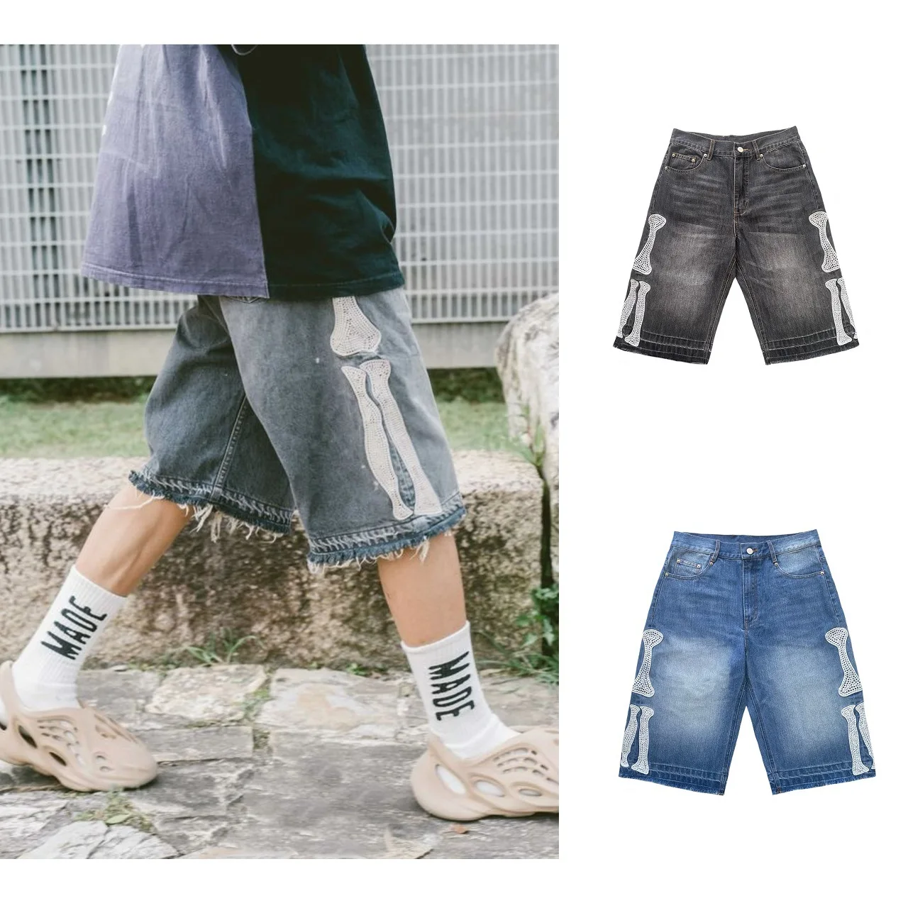 Kapital Vintage Japanese-Style Embroidered Bone-Patterned Relaxed Straight-Leg Denim Shorts Cropped Jeans