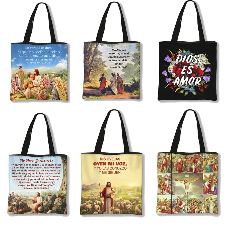 Jesus Painting Print Shoulder Bag Vintage Women Canvas Handbag Dios Esta Conmigo Portable Messenger Bags